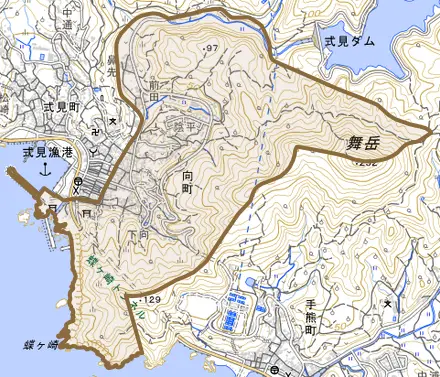 向町とその周辺の地図。町の範囲を重ねている