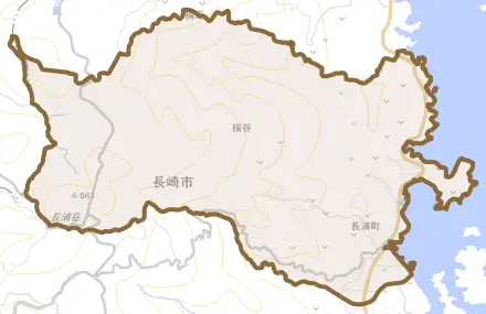 長浦町とその周辺の地図。町の範囲を重ねている