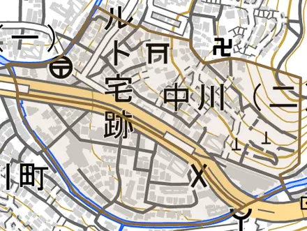 中川とその周辺の地図。町の範囲を重ねている