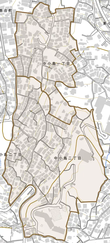 中小島とその周辺の地図。町の範囲を重ねている