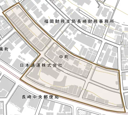 中町とその周辺の地図。町の範囲を重ねている
