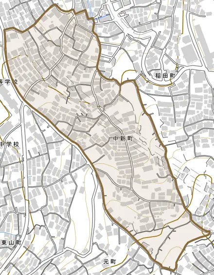 中新町とその周辺の地図。町の範囲を重ねている