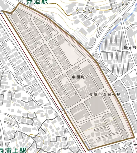 中園町とその周辺の地図。町の範囲を重ねている