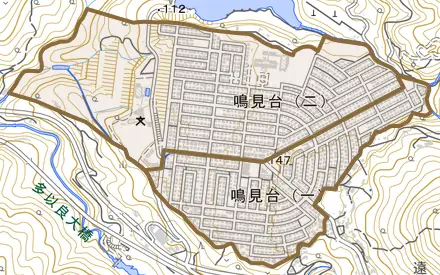 鳴見台とその周辺の地図。町の範囲を重ねている