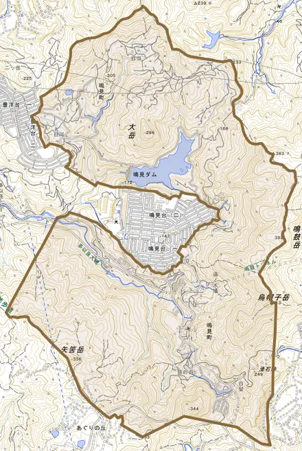 鳴見町とその周辺の地図。町の範囲を重ねている