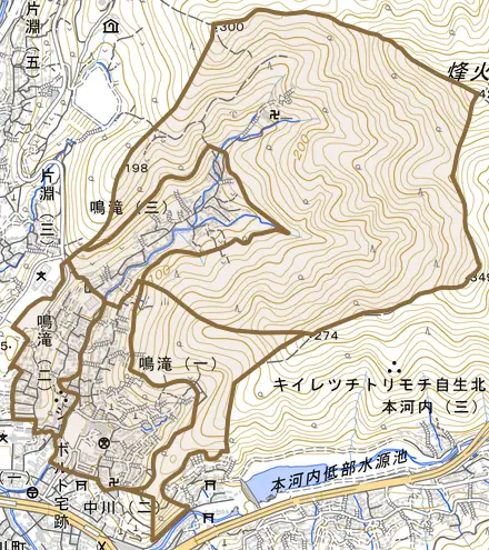 鳴滝とその周辺の地図。町の範囲を重ねている