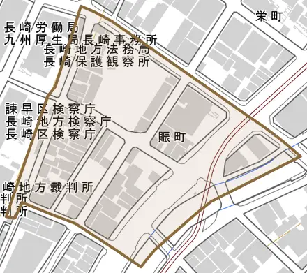 賑町とその周辺の地図。町の範囲を重ねている