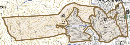 錦とその周辺の地図。町の範囲を重ねている