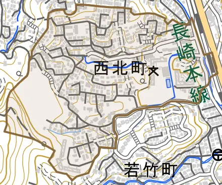 西北町とその周辺の地図。町の範囲を重ねている