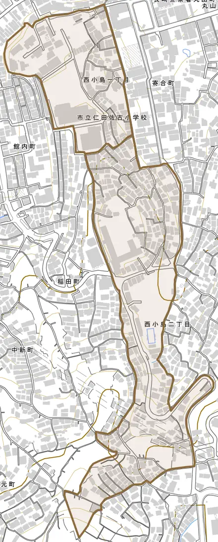 西小島とその周辺の地図。町の範囲を重ねている