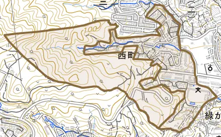 西町とその周辺の地図。町の範囲を重ねている