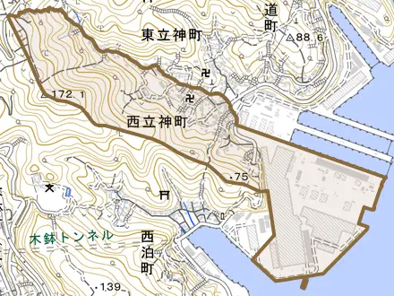 西立神町とその周辺の地図。町の範囲を重ねている