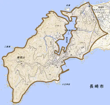 野母町とその周辺の地図。町の範囲を重ねている