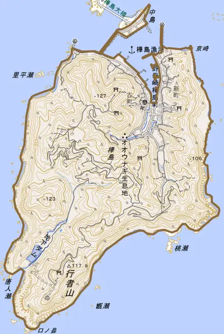 野母崎樺島町とその周辺の地図。町の範囲を重ねている