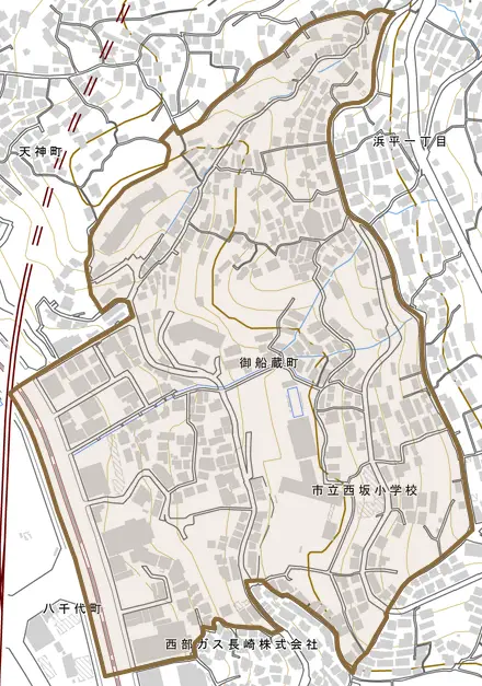 御船蔵町とその周辺の地図。町の範囲を重ねている