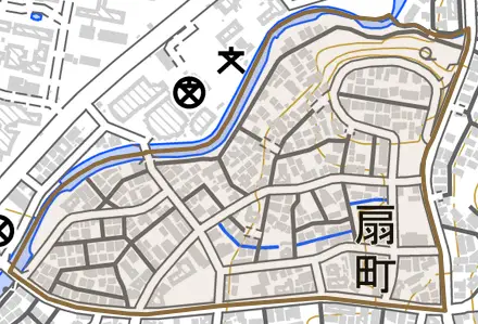 扇町とその周辺の地図。町の範囲を重ねている