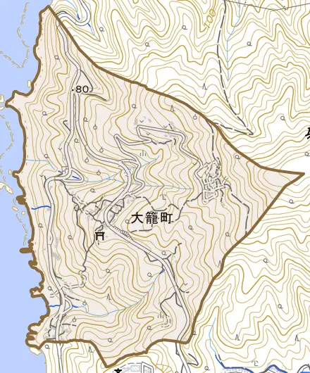 大籠町とその周辺の地図。町の範囲を重ねている