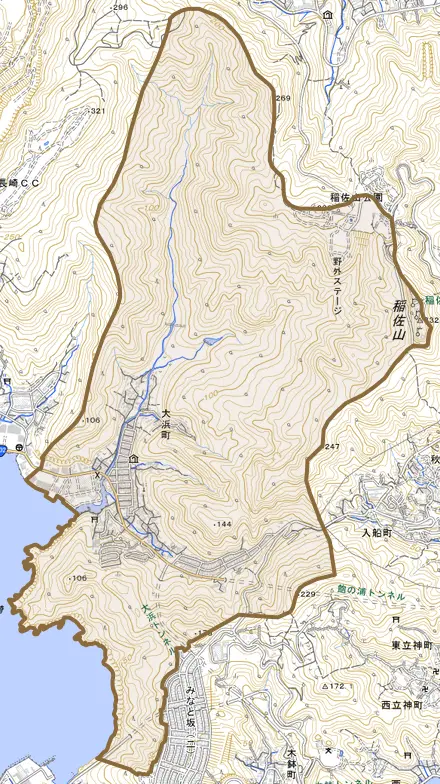 大浜町とその周辺の地図。町の範囲を重ねている