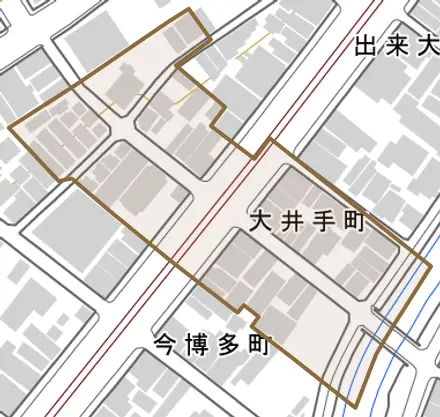 大井手町とその周辺の地図。町の範囲を重ねている