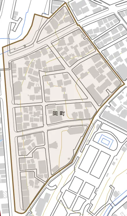 岡町とその周辺の地図。町の範囲を重ねている