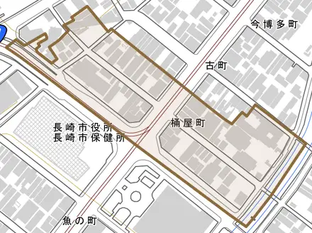 桶屋町とその周辺の地図。町の範囲を重ねている