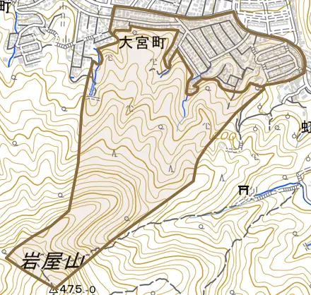 大宮町とその周辺の地図。町の範囲を重ねている