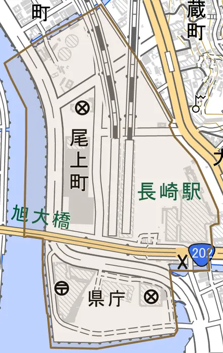 尾上町とその周辺の地図。町の範囲を重ねている