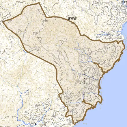 大崎町とその周辺の地図。町の範囲を重ねている