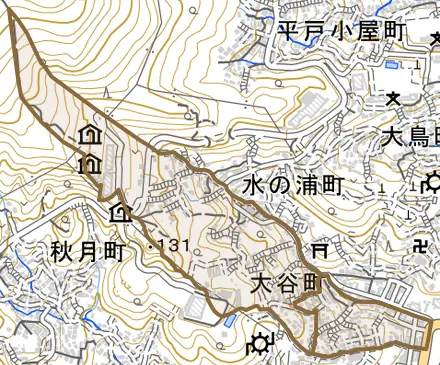 大谷町とその周辺の地図。町の範囲を重ねている