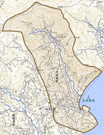 太田尾町とその周辺の地図。町の範囲を重ねている