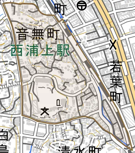 音無町とその周辺の地図。町の範囲を重ねている