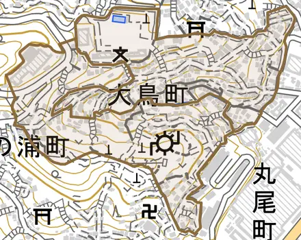 大鳥町とその周辺の地図。町の範囲を重ねている