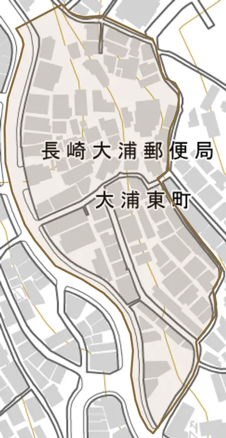 大浦東町とその周辺の地図。町の範囲を重ねている