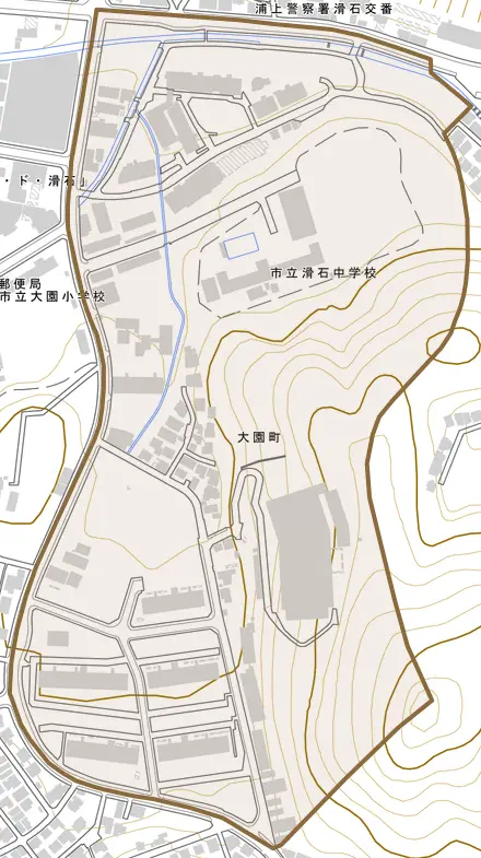 大園町とその周辺の地図。町の範囲を重ねている