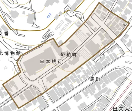 炉粕町とその周辺の地図。町の範囲を重ねている