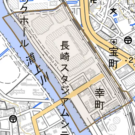 幸町とその周辺の地図。町の範囲を重ねている