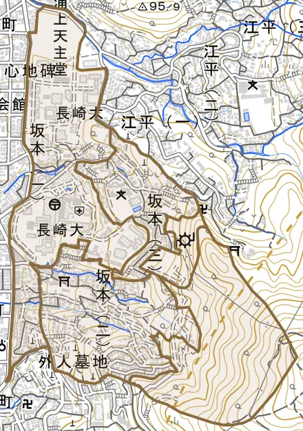 坂本とその周辺の地図。町の範囲を重ねている