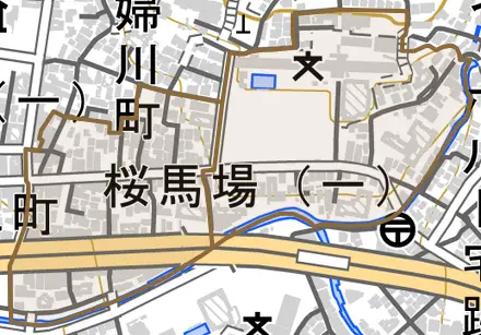 桜馬場とその周辺の地図。町の範囲を重ねている
