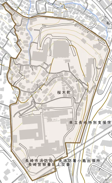 桜木町とその周辺の地図。町の範囲を重ねている
