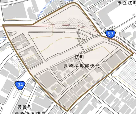 桜町とその周辺の地図。町の範囲を重ねている