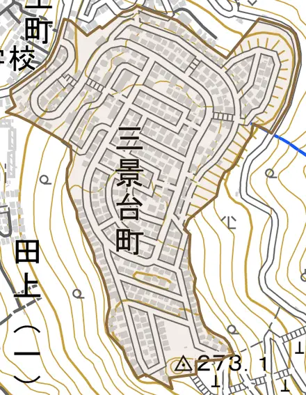 三景台町とその周辺の地図。町の範囲を重ねている