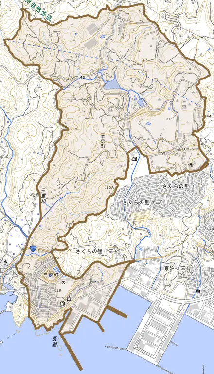 三京町とその周辺の地図。町の範囲を重ねている