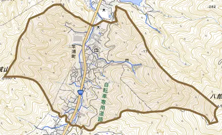 竿浦町とその周辺の地図。町の範囲を重ねている