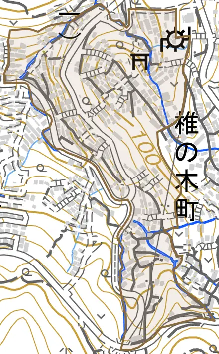 椎の木町とその周辺の地図。町の範囲を重ねている