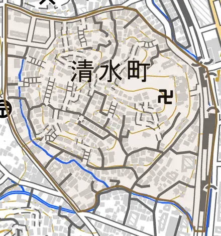 清水町とその周辺の地図。町の範囲を重ねている