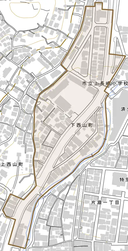 下西山町とその周辺の地図。町の範囲を重ねている