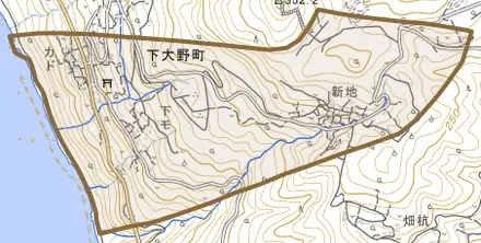 下大野町とその周辺の地図。町の範囲を重ねている