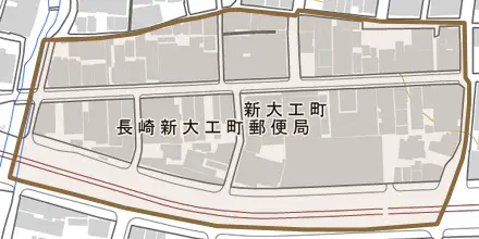 新大工町とその周辺の地図。町の範囲を重ねている