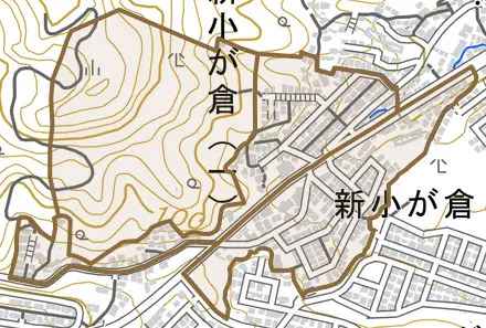 新小が倉とその周辺の地図。町の範囲を重ねている