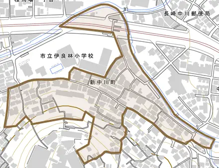 新中川町とその周辺の地図。町の範囲を重ねている